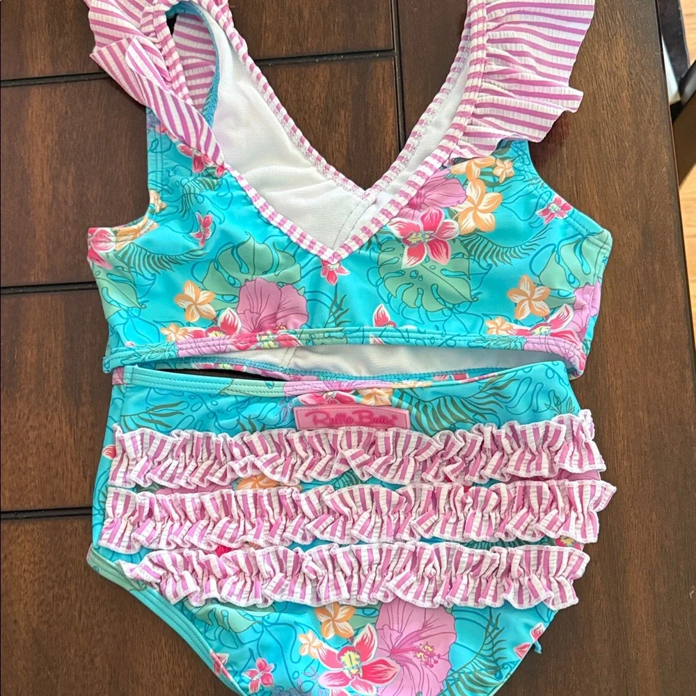 Girls' Turquoise Floral Ruffle Butts Two-Piece Swimsuit - Kids Swim 7
